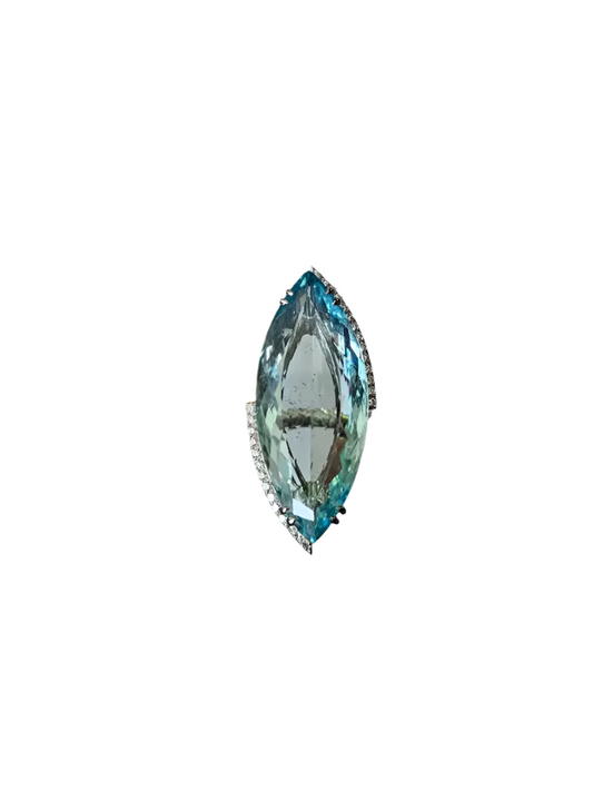 0.66 Ct. Round Cut Diamond Wedding Ring - 18k White Gold & 29.29 Ct. Aquamarine Gemstone Ring