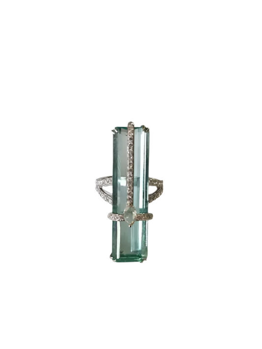 Natural Emerald & Rose Cut Diamond Wedding Ring - 18k White Gold Diamond Ring