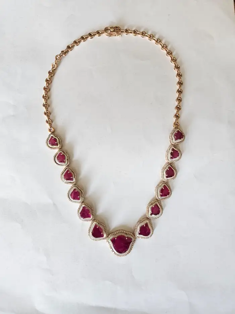 Tulip cut Mozambique Ruby & Mother Of Pearl Necklace Earrings Set - 18k Rose Gold Diamond Necklace Earrings