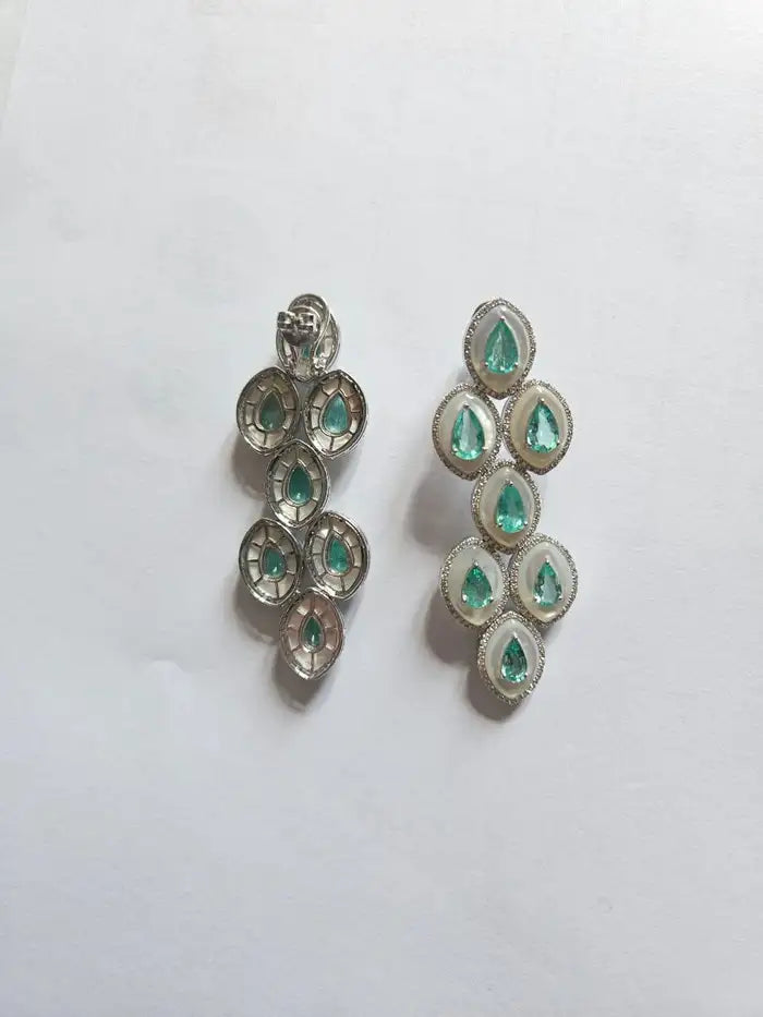 18k White Gold Handmade Chandelier Earring - Natural Colombian Emerald & Mother of Pearl Earrings