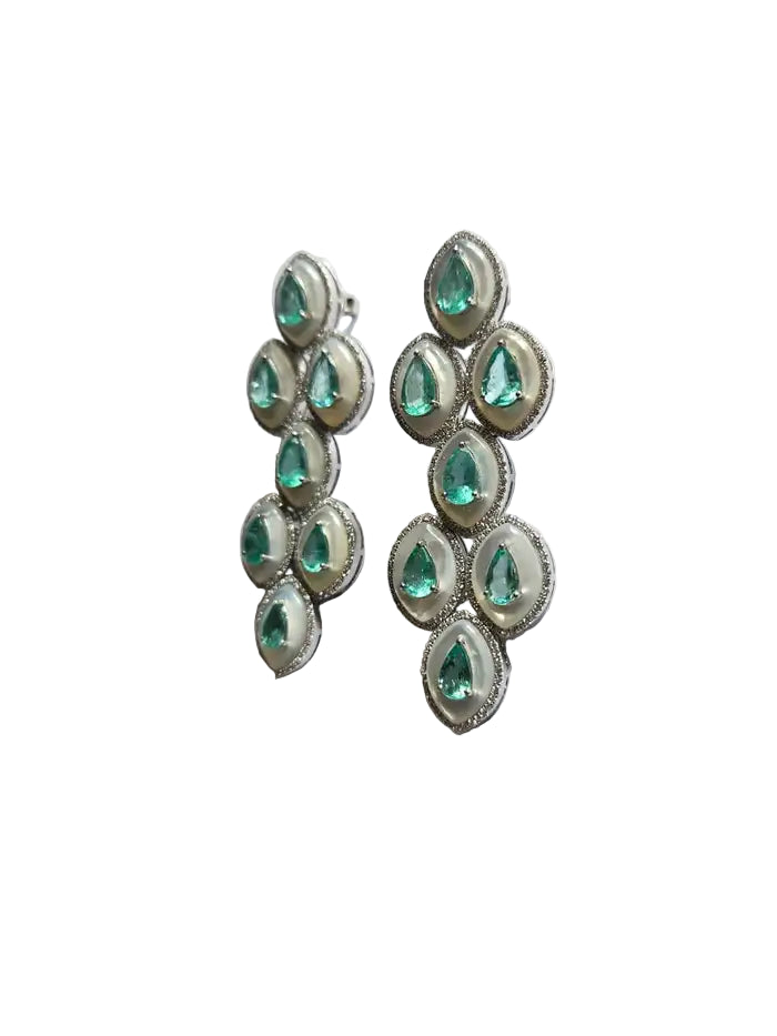 18k White Gold Handmade Chandelier Earring - Natural Colombian Emerald & Mother of Pearl Earrings
