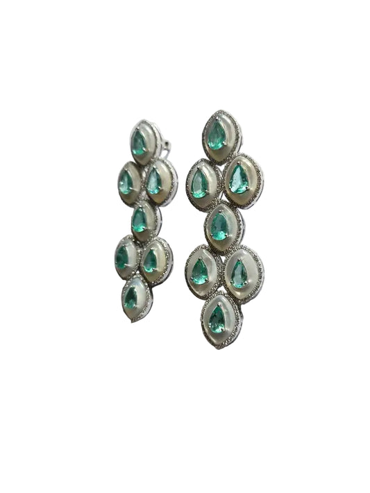 18k White Gold Handmade Chandelier Earring - Natural Colombian Emerald & Mother of Pearl Earrings