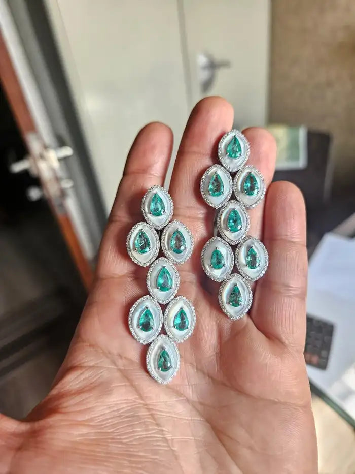 18k White Gold Handmade Chandelier Earring - Natural Colombian Emerald & Mother of Pearl Earrings