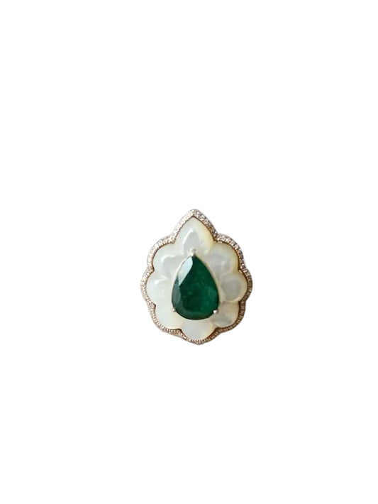 Natural Zambian Emerald & Mother of Pearl Cocktail Ring - 18k Yellow Gold Diamond Wedding Ring