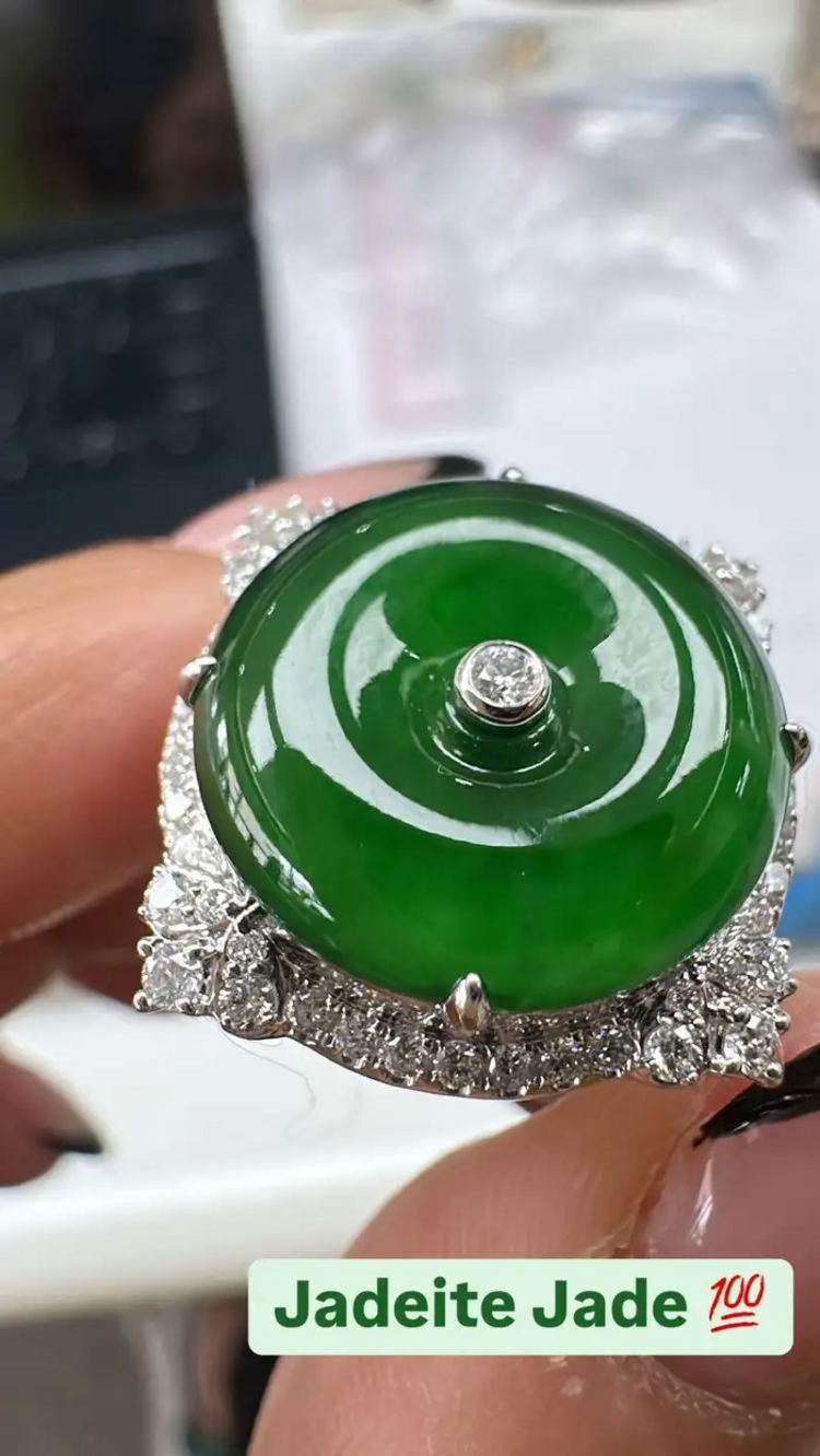 Jadeite Jade & Diamonds Engagement Ring - 18k White Gold Diamond Ring