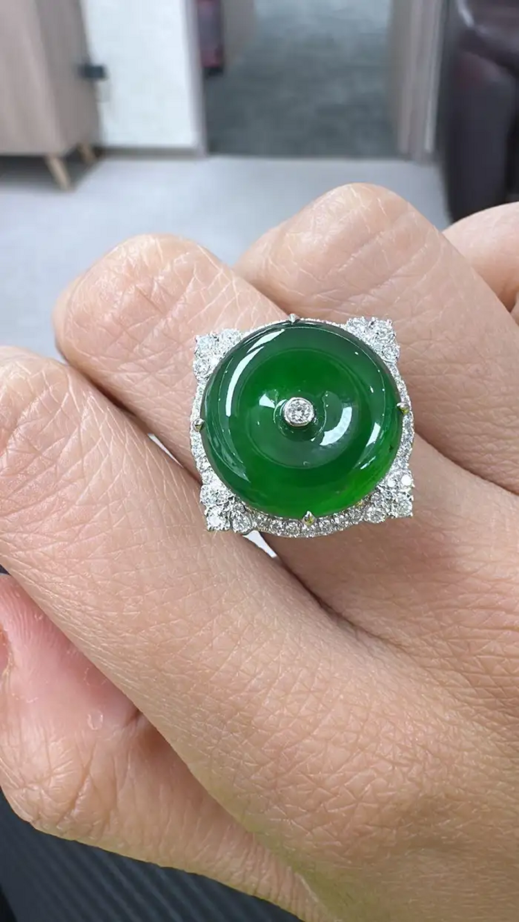 Jadeite Jade & Diamonds Engagement Ring - 18k White Gold Diamond Ring