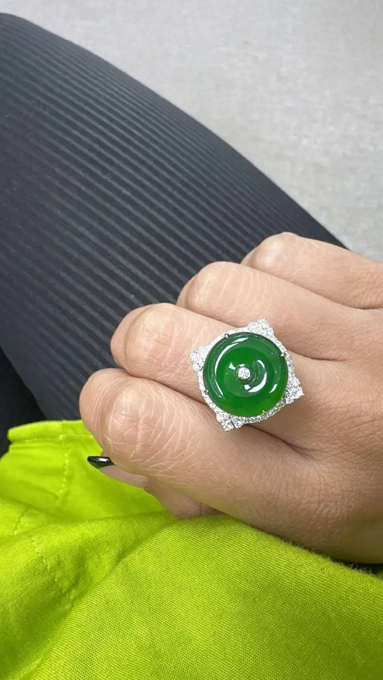 Jadeite Jade & Diamonds Engagement Ring - 18k White Gold Diamond Ring