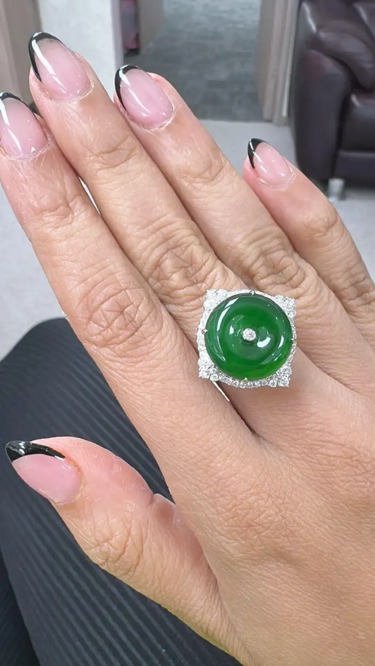Jadeite Jade & Diamonds Engagement Ring - 18k White Gold Diamond Ring