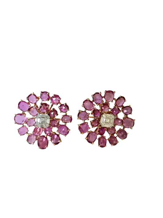 Natural Ceylon Pink Sapphire Floral Stud Earrings - 18k Rose Gold Diamond Stud Earrings