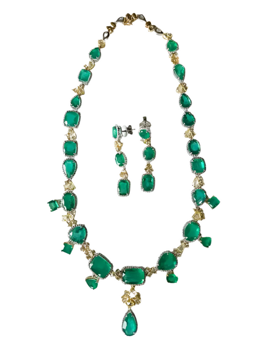 84.76 carats, Zambian Emeralds & Yellow Rose Cut Diamonds Necklace & Earrings