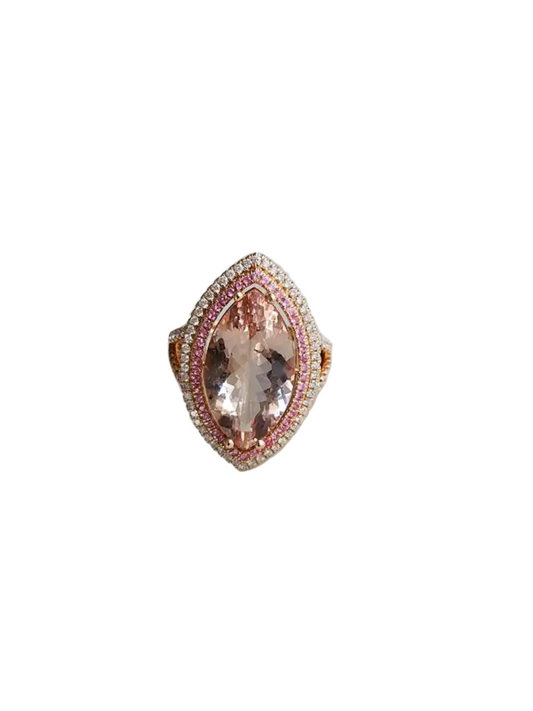 18k Rose Gold Diamond Cocktail Ring - Natural Morganite & Pink Sapphire Gemstone Ring