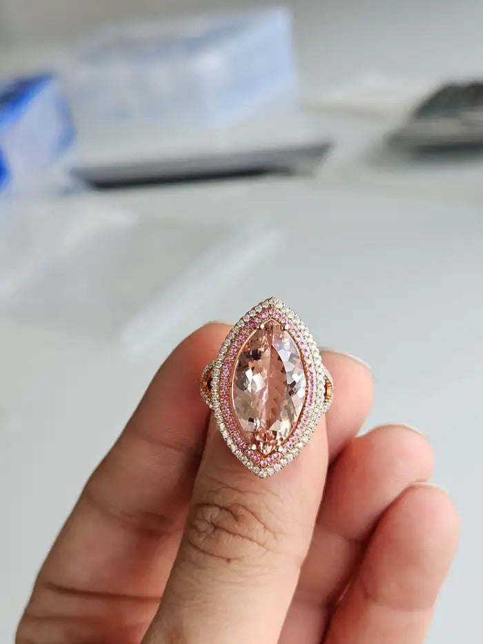 18k Rose Gold Diamond Cocktail Ring - Natural Morganite & Pink Sapphire Gemstone Ring