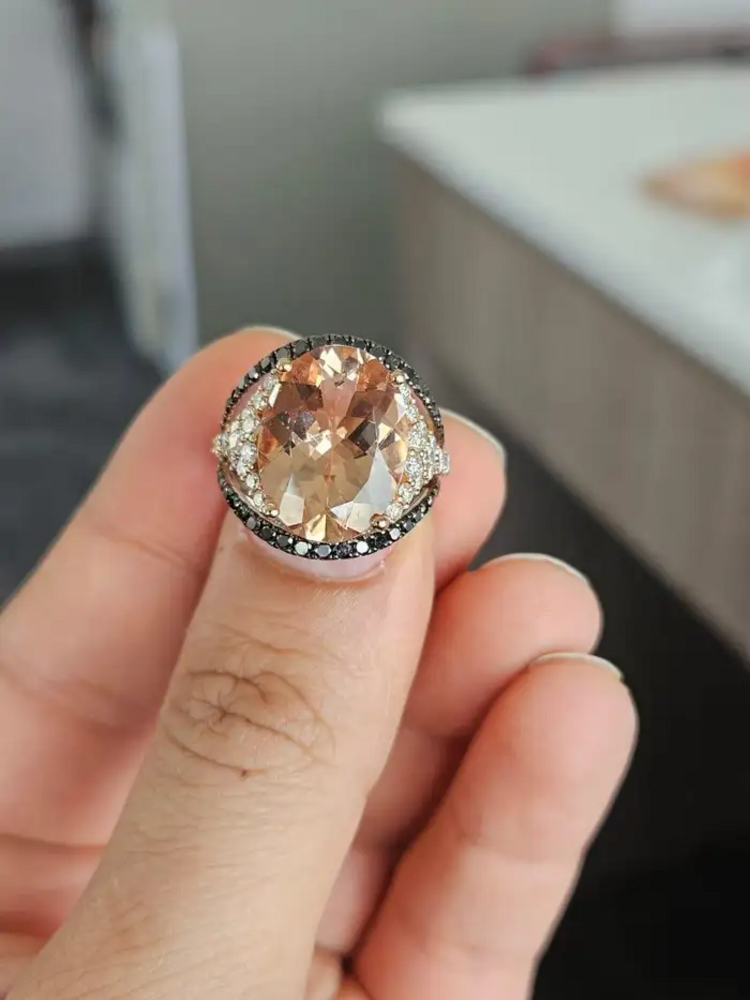 18k Rose Gold Black Diamond Wedding Ring - Natural Morganite & Diamond Wedding Ring