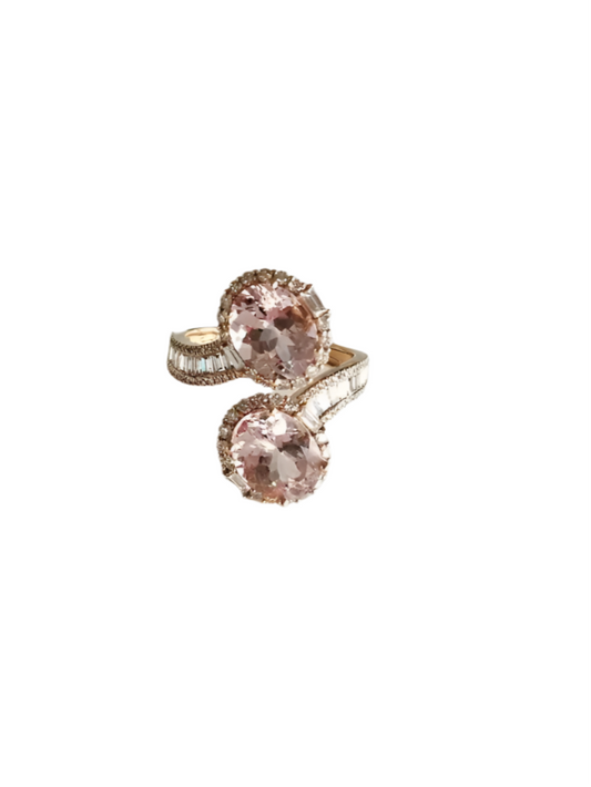 Natural Morganite & Tapered Diamond Wrap Ring - Handmade 18k Rose Gold Toi et Moi Ring