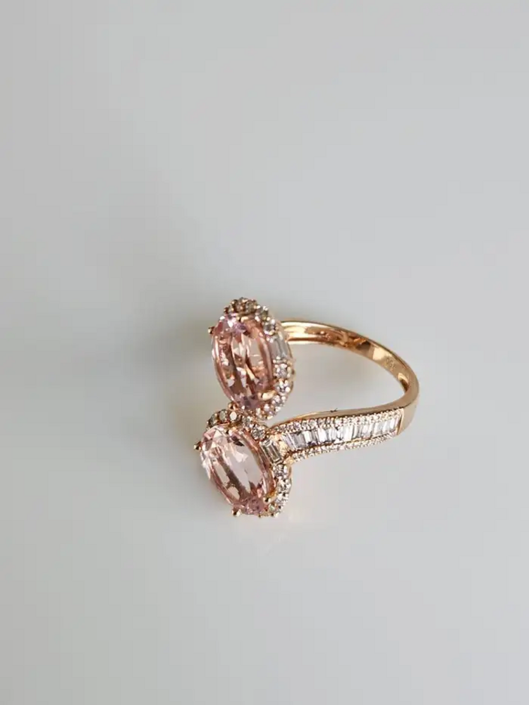 Natural Morganite & Tapered Diamond Wrap Ring - Handmade 18k Rose Gold Toi et Moi Ring