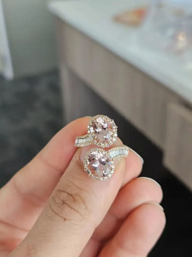 Natural Morganite & Tapered Diamond Wrap Ring - Handmade 18k Rose Gold Toi et Moi Ring