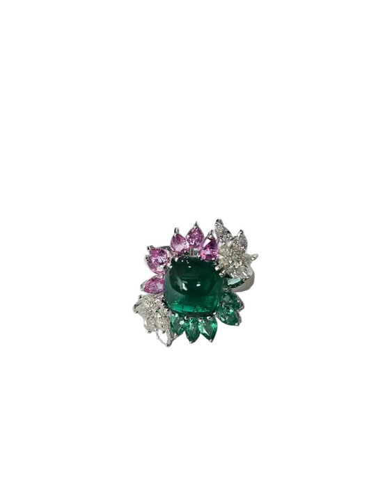 18k White Gold Diamond Cocktail Ring - Natural Zambian Emerald & Pink Sapphire Wedding Ring