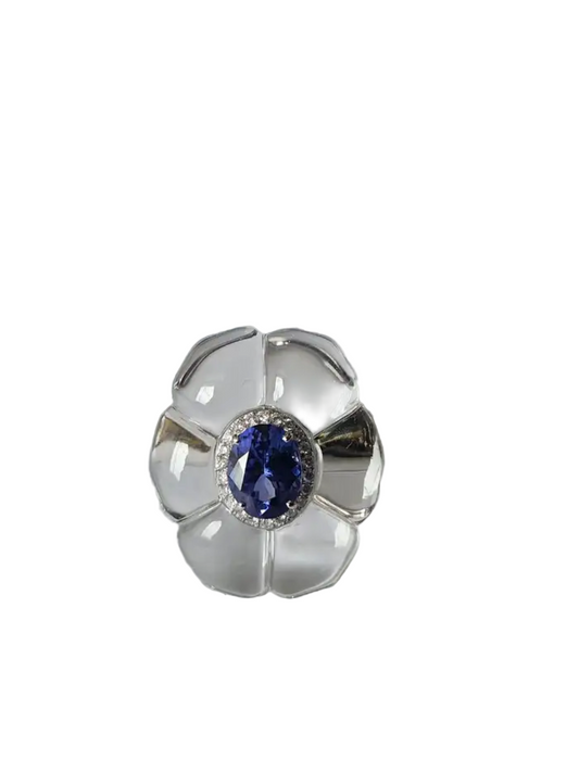 18k White Gold Diamond Cocktail Ring - Natural Tanzanite & Crystal Anniversary Gift Ring