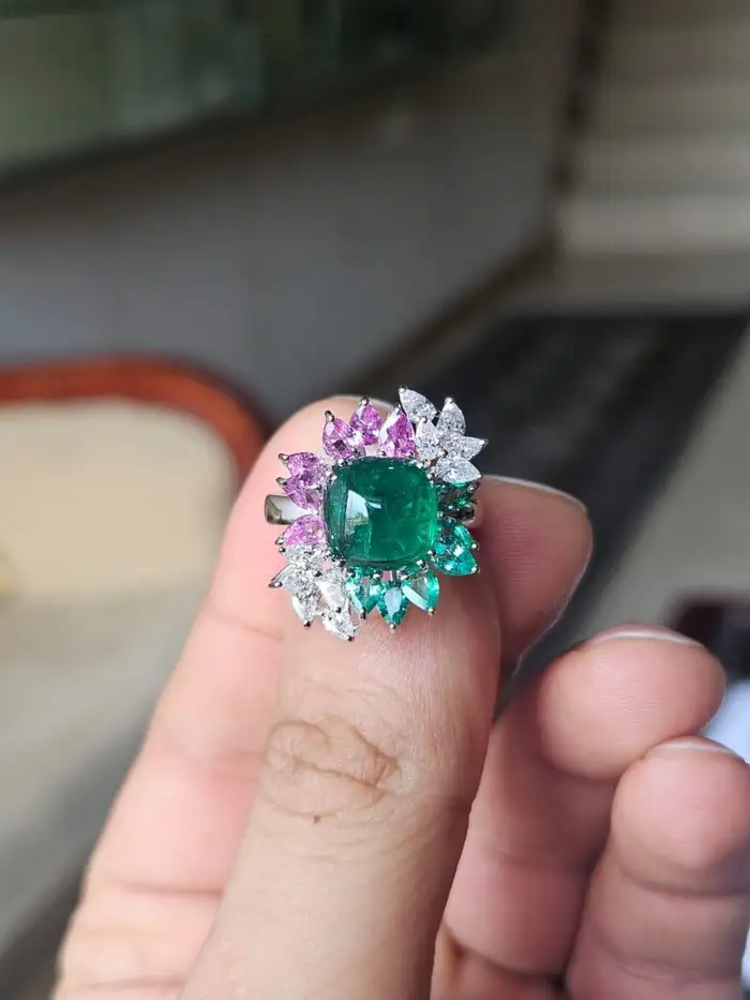 18k White Gold Diamond Cocktail Ring - Natural Zambian Emerald & Pink Sapphire Wedding Ring