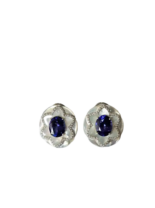 Natural Tanzanite & Mother Of Pearl Stud Earrings - 18k White Gold Diamond Earrings