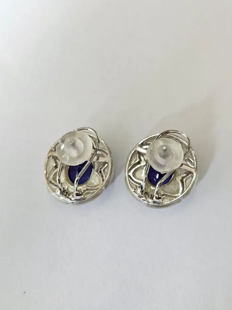 Natural Tanzanite & Mother Of Pearl Stud Earrings - 18k White Gold Diamond Earrings