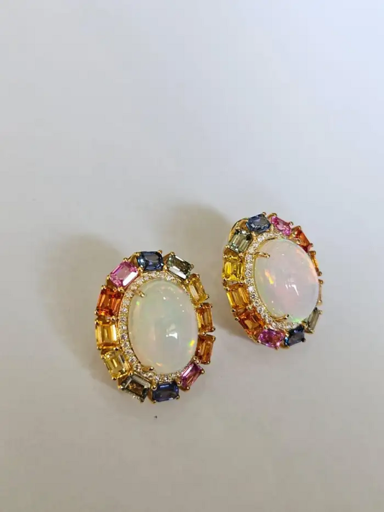 Ethiopian Opal & Ceylon Multi Sapphire Stud Earrings - 18k Yellow Gold Diamond Earrings