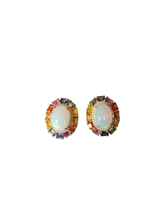 Ethiopian Opal & Ceylon Multi Sapphire Stud Earrings - 18k Yellow Gold Diamond Earrings