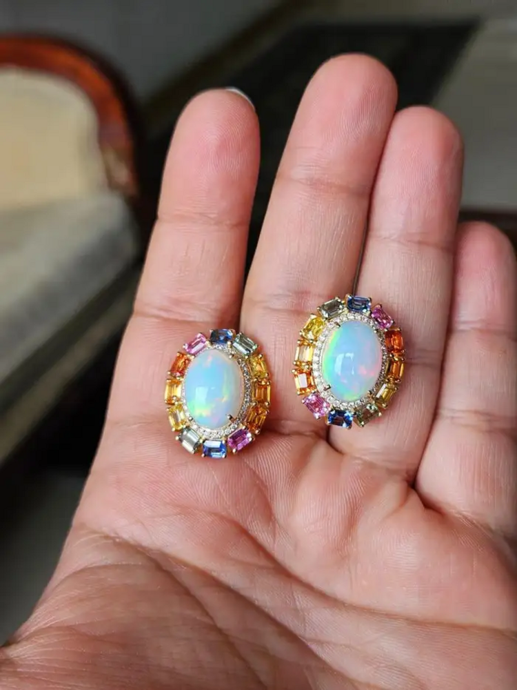 Ethiopian Opal & Ceylon Multi Sapphire Stud Earrings - 18k Yellow Gold Diamond Earrings