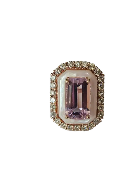 18k Rose Gold Diamond Handmade Ring - Natural Kunzite & Mother Of Pearl Cocktail Ring