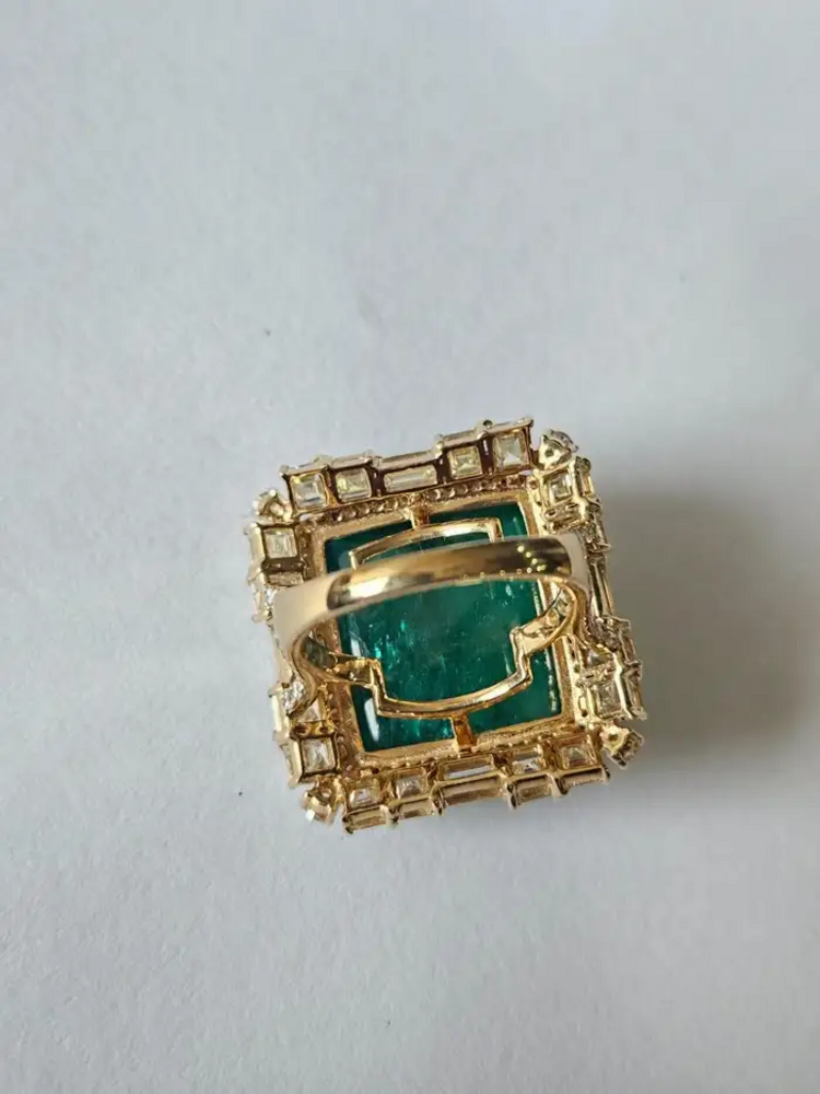 Natural 25.21 Ct. Zambian Emerald Statement Ring - 18k Yellow Gold Wedding Ring With Yellow Diamonds