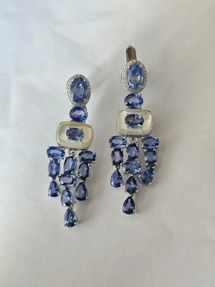 18k White Gold Diamond Handmade Earrings - Natural Blue Sapphire & Mother Of Pearl Chandelier Earrings