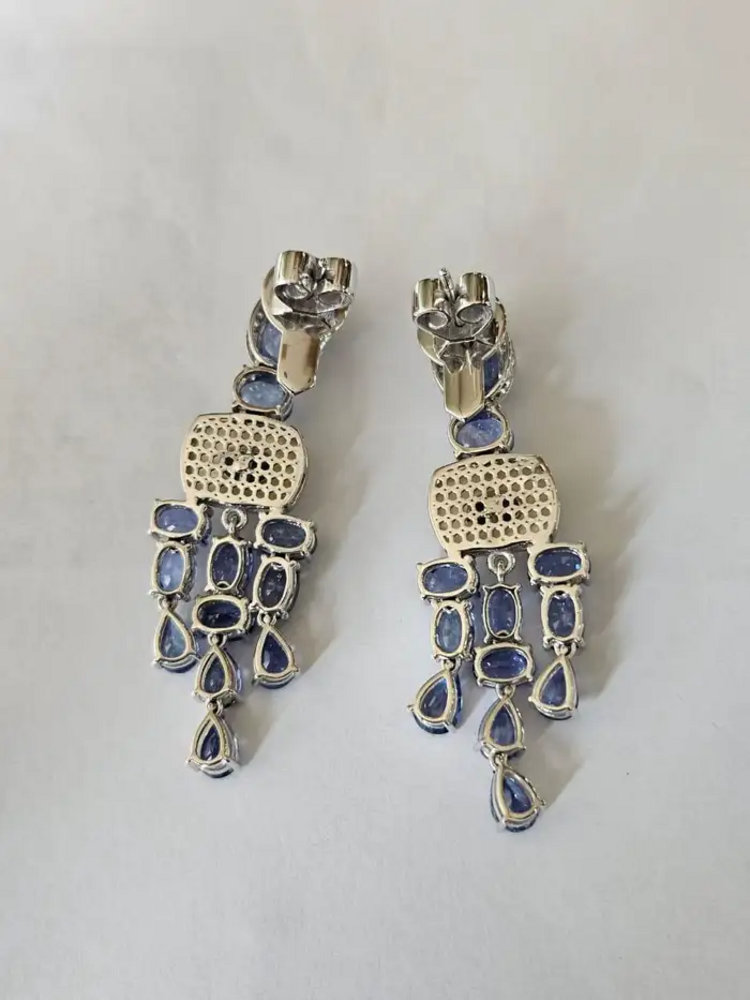 18k White Gold Diamond Handmade Earrings - Natural Blue Sapphire & Mother Of Pearl Chandelier Earrings