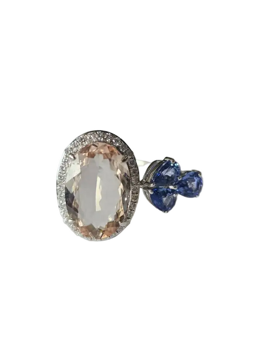 Natural Morganite, Blue Sapphire & Diamond Cocktail Ring - 18k White Gold Diamond Ring