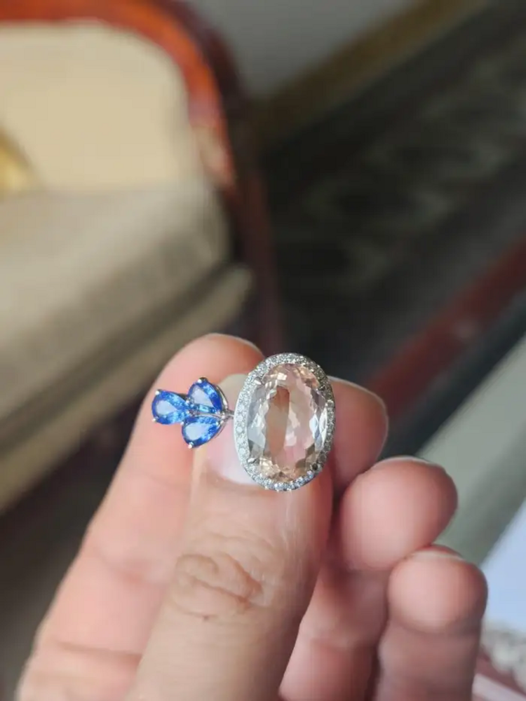 Natural Morganite, Blue Sapphire & Diamond Cocktail Ring - 18k White Gold Diamond Ring