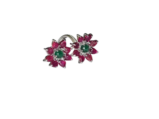 18k White Gold Diamond Toi et Moi Ring - Natural Ruby & Zambian Emerald Wrap Ring