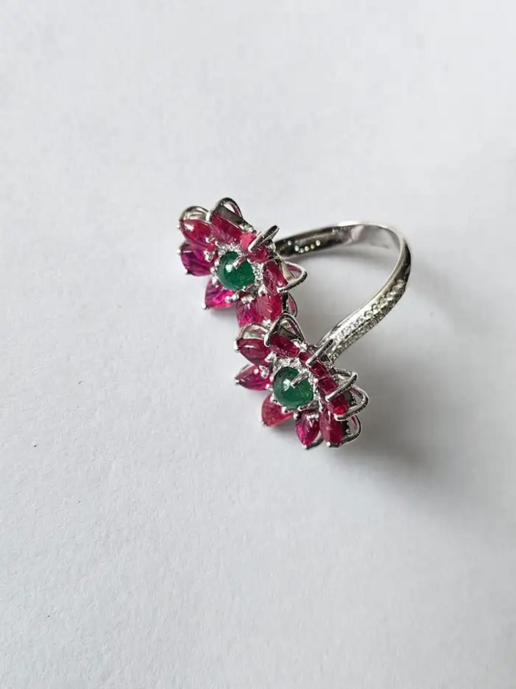 18k White Gold Diamond Toi et Moi Ring - Natural Ruby & Zambian Emerald Wrap Ring
