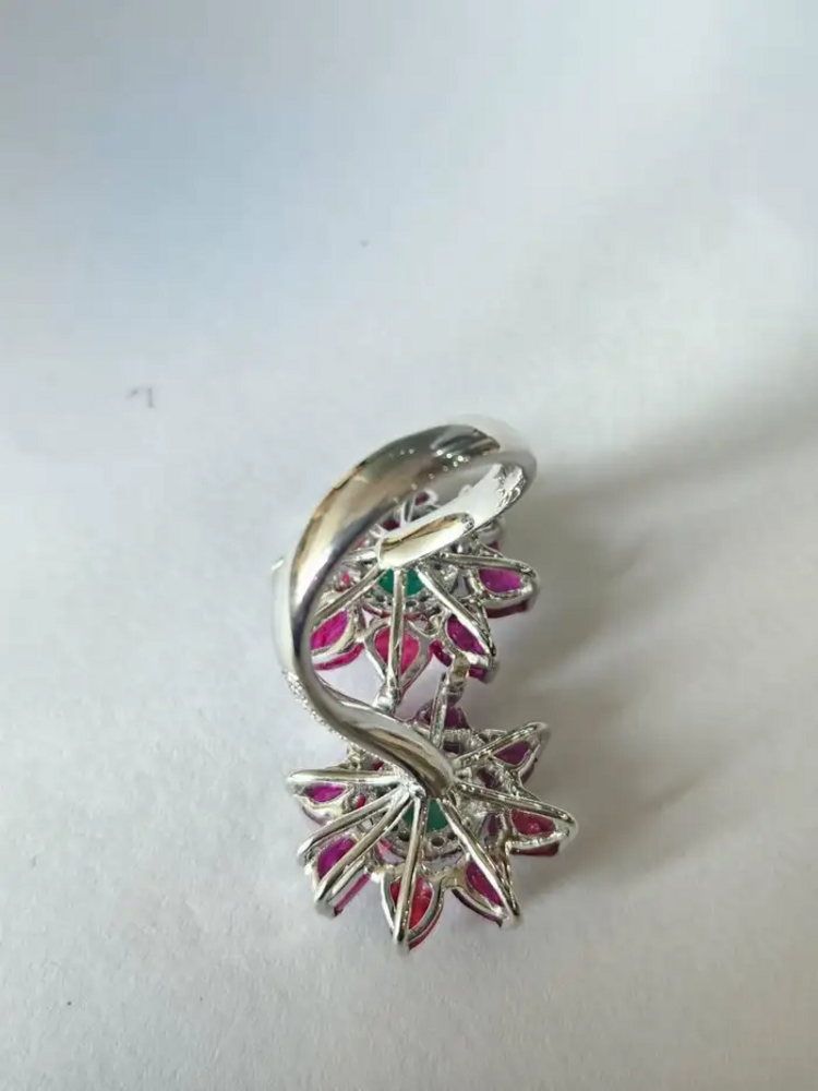 18k White Gold Diamond Toi et Moi Ring - Natural Ruby & Zambian Emerald Wrap Ring