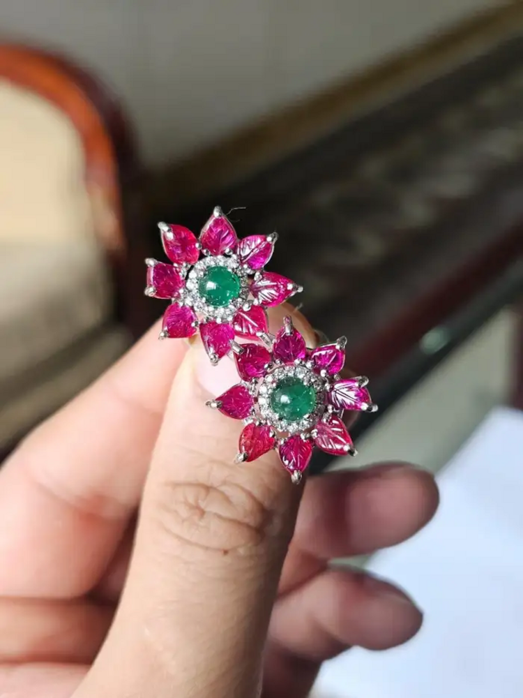 18k White Gold Diamond Toi et Moi Ring - Natural Ruby & Zambian Emerald Wrap Ring