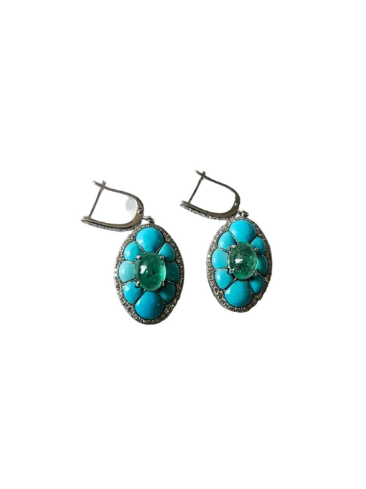 18k White Gold Diamond Dangle Earrings - Natural Emerald & Turquoise Gemstone Earrings