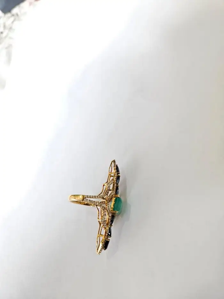 18k Yellow Gold Diamond Handmade Ring - Natural Colombian Emerald & Blue Sapphire Cocktail Ring