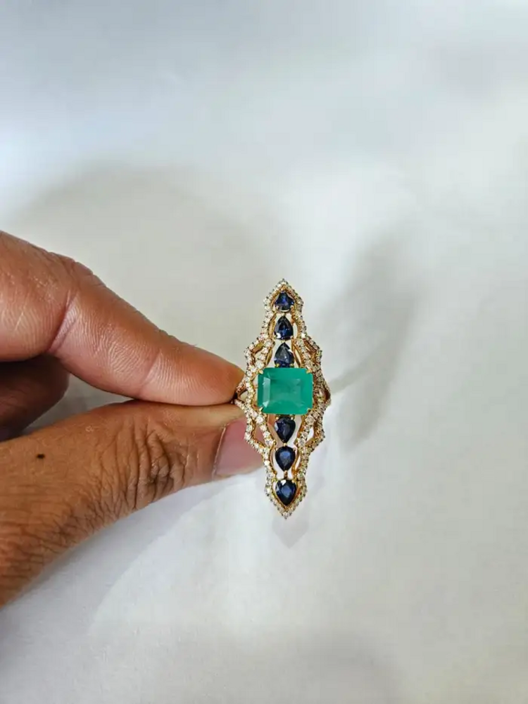 18k Yellow Gold Diamond Handmade Ring - Natural Colombian Emerald & Blue Sapphire Cocktail Ring