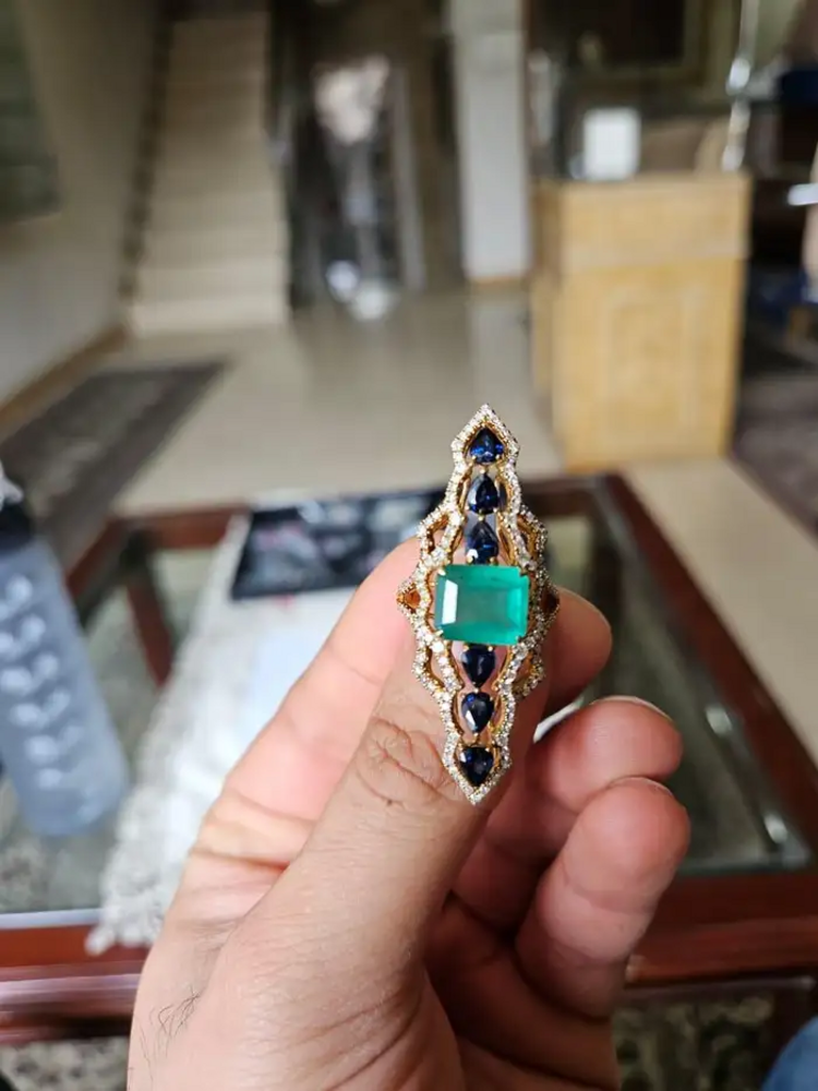 18k Yellow Gold Diamond Handmade Ring - Natural Colombian Emerald & Blue Sapphire Cocktail Ring