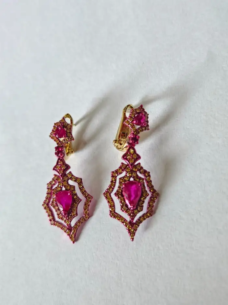 18k Gold Red Rhodium Diamond Dangle Earrings - Natural Mozambique Ruby Earrings