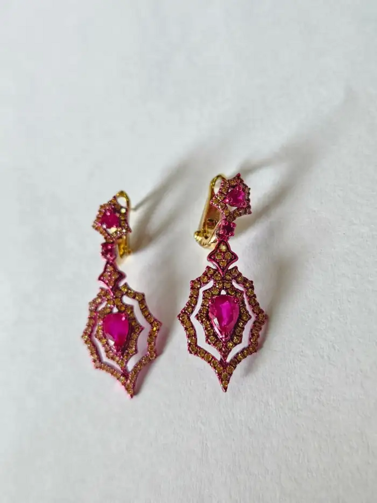 18k Gold Red Rhodium Diamond Dangle Earrings - Natural Mozambique Ruby Earrings
