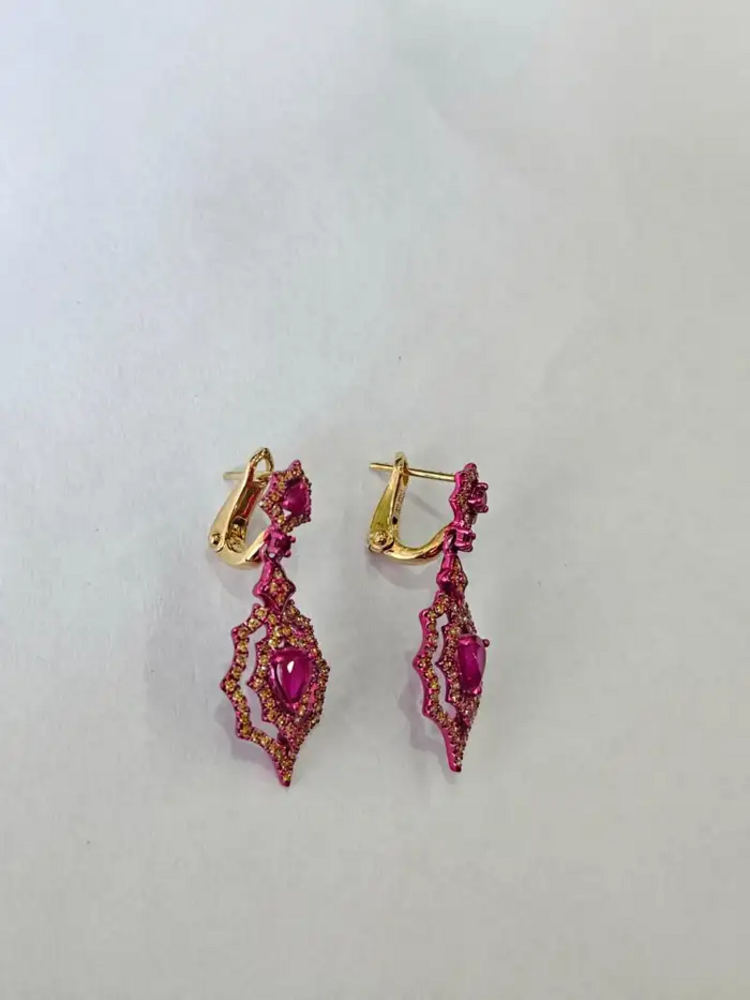 18k Gold Red Rhodium Diamond Dangle Earrings - Natural Mozambique Ruby Earrings