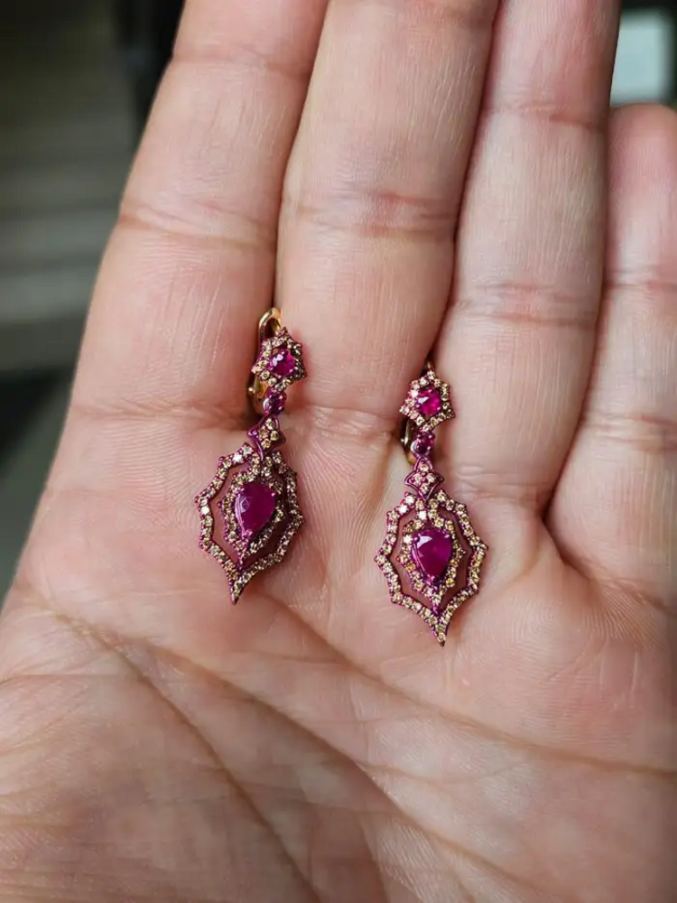 18k Gold Red Rhodium Diamond Dangle Earrings - Natural Mozambique Ruby Earrings