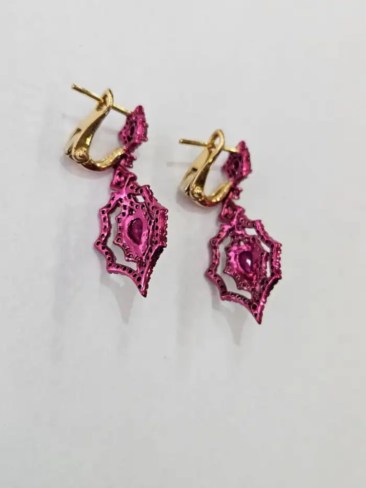 18k Gold Red Rhodium Diamond Dangle Earrings - Natural Mozambique Ruby Earrings