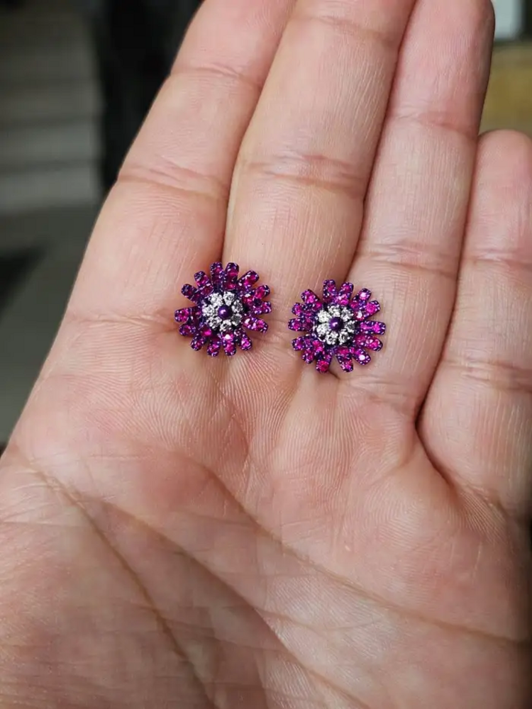 Natural Mozambique Ruby & Diamonds Stud Earrings - 18k Gold Purple Rhodium Tiny Stud Earrings
