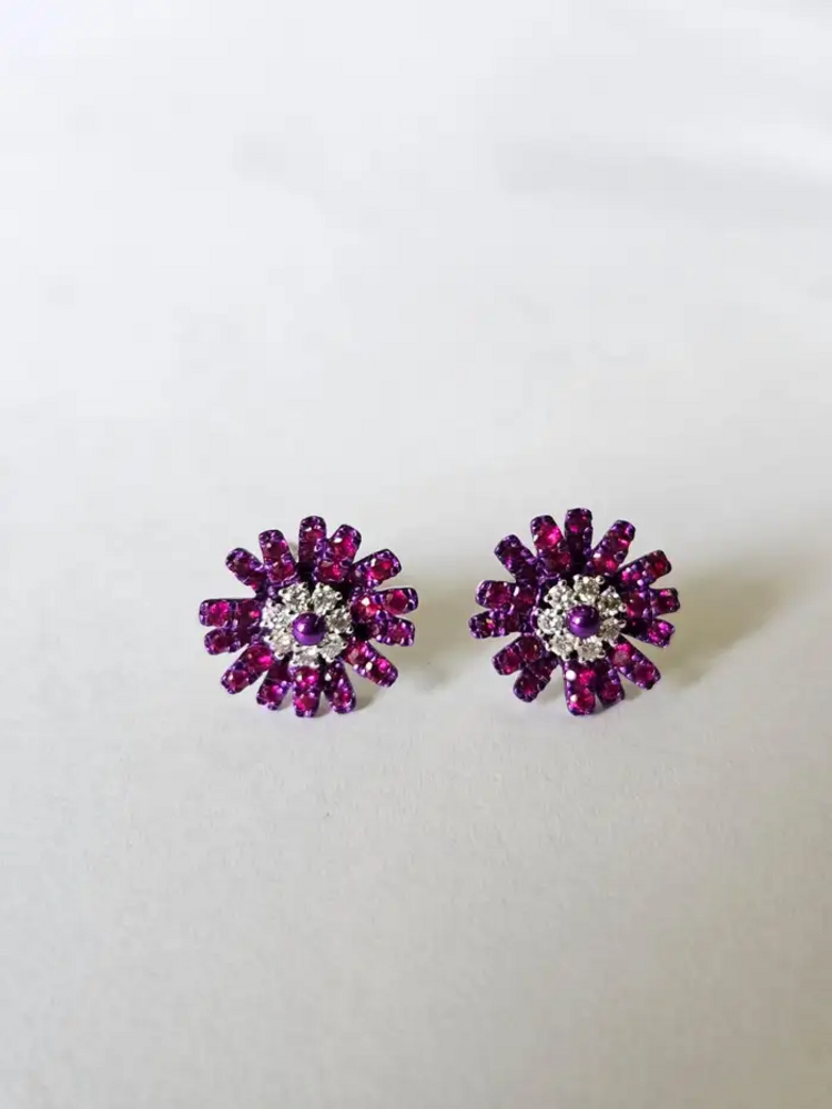 Natural Mozambique Ruby & Diamonds Stud Earrings - 18k Gold Purple Rhodium Tiny Stud Earrings