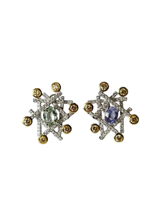 18k White Gold Handmade Stud Earrings With Yellow Diamonds - Natural Blue & Green Sapphire Stud Earrings